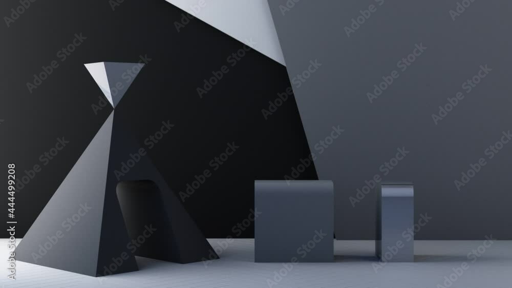 Poster position the geometric shapes with shiny black textures and mirrors on a black background. 3d render