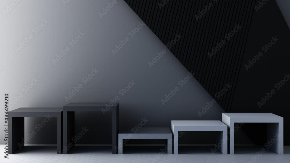 Poster position the geometric shapes with shiny black textures and mirrors on a black background. 3d render