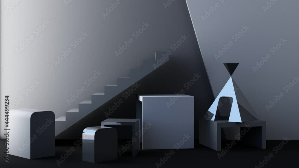 Poster position the geometric shapes with shiny black textures and mirrors on a black background. 3d render