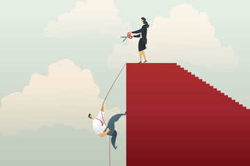 Businessman climbing on graph red with rope and Businesswoman scissors cutting rope, ishonesty betrayal or jealousy colleague, career 
and challenge, risk, obstacles, ambition. illustration Vector
