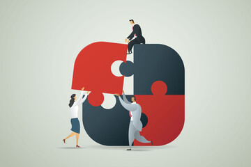 Business person teamwork partnership cooperation construction create a team interaction to goal, infographic of puzzle. illustration Vector