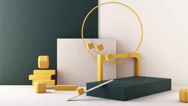 Minimal abstract geometric background with direct sunlight in shades of green and yellow. Showcase scene with empty podium for product presentation 3d rendering animation loop