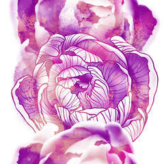 Peony in realistic and line art style floral modern seamless pattern. Digital hand drawn picture with watercolour texture. Mixed media artwork. Endless motif for paper and fabric.