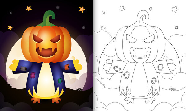 coloring book with a cute chick using costume scarecrow and pumpkin halloween