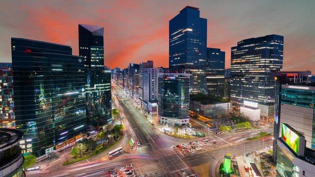 View traffic evening at downtown  gangnam sqare in seoul city south korea
