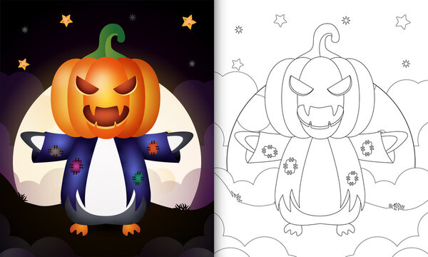 coloring book with a cute penguin using costume scarecrow and pumpkin halloween