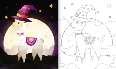 Foto auf Alu-Dibond coloring book with a cute cartoon halloween witch alpaca front the moon © riko_design