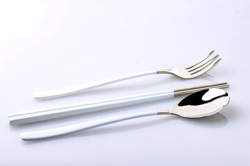 Korean Sujeo Set, Traditional Korean Flatware with Spoon Fork and Chopstick. Isolated on White Background