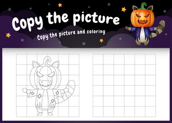 copy the picture kids game and coloring page with a cute raccoon using halloween costume