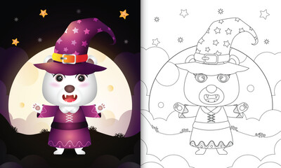 coloring book with a cute polar bear using costume witch halloween