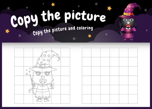 copy the picture kids game and coloring page with a cute black cat using halloween costume