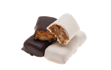 chocolate candies with dried apricots isolated