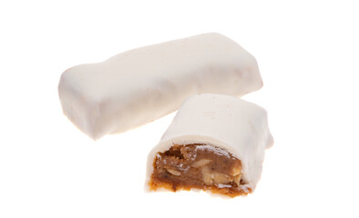 chocolate candies with dried apricots isolated