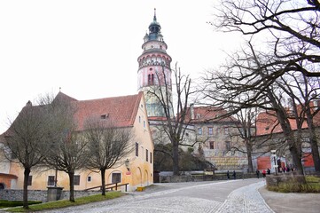 Obraz premium Beautiful view of Cesky Krumlov Castle Tower, Czech republic. The origins of this structure are partly Gothic and partly Renaissance.