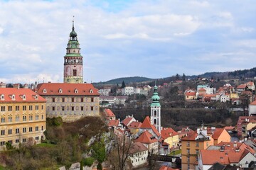 Fototapeta premium Beautiful view of Cesky Krumlov Castle Tower, Czech republic. The origins of this structure are partly Gothic and partly Renaissance.