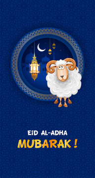Eid Mubarak celebration Greeting card. Festive design for Muslim festival Eid Al Adha with sheep, silhouette of mosque, lanterns and crescent on night blue background. Vector illustration.