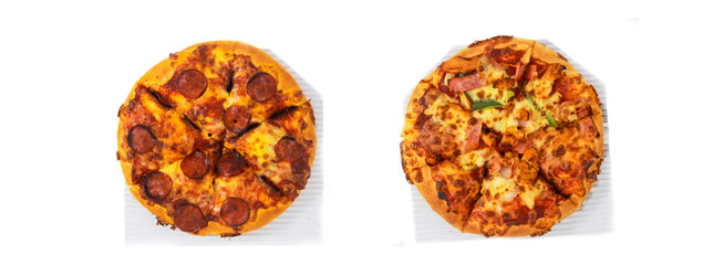 Top view pizza sliced and served on white background .