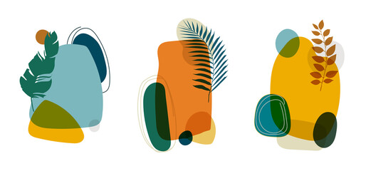 Set of botanical natural wall art foliage leaf line abstract art design drawing shape minimal style