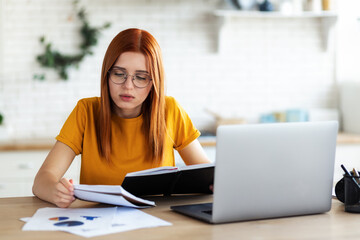 Online learning, portrait of focused beautiful red-haired young female student with laptop and...