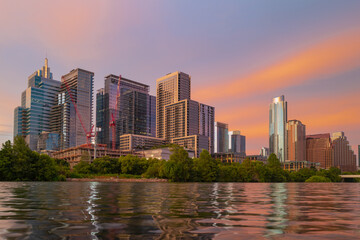 Fototapeta premium Downtown Skyline of Austin, Texas in USA from view at sunset.
