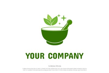 Green Mortar and Pestle with Leaf Leaves for Herbal Medicine Logo Design Vector