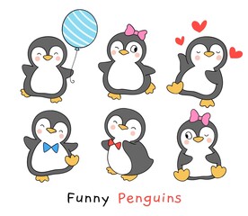 Draw funny penguins Cartoon style
