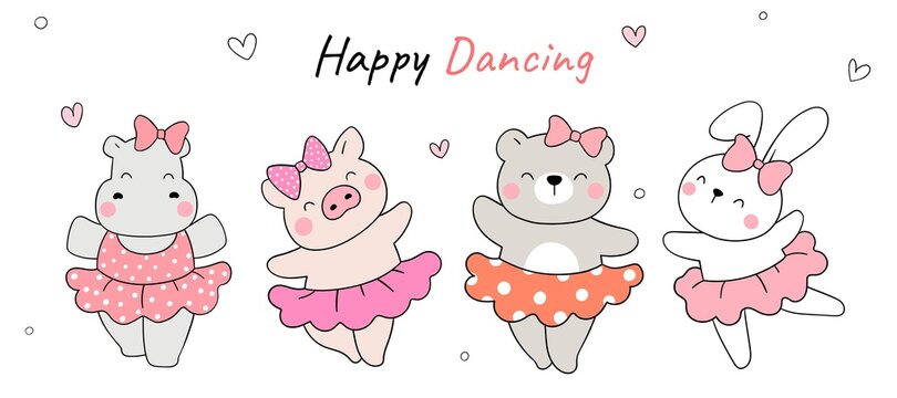 Draw happy animal dancing Girl funny concept Cartoon style