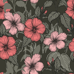 Tropical flowers seamless pattern. Floral background hand-drawn in ink. Exotic blooming Hibiskus flowers design.