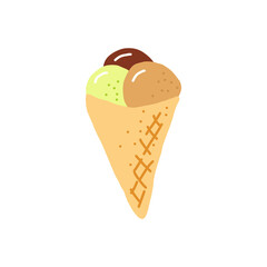 ice cream in a waffle cone. hand drawn doodle. vector, cartoon. icon, card, poster, sticker. food, sweet, refreshing, bright, summer.