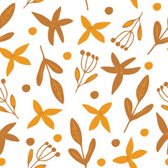 flowers, leaves seamless pattern. doodle vector hand drawn minimalism simple. wallpaper, textiles, wrapping paper. brown, yellow, autumn, fall.