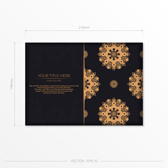 Ready-made postcard design with abstract vintage mandala ornament. Black-gold luxurious colors. Can be used as background and wallpaper. Elegant and classic vector elements