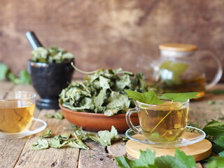 Herbal tea in a glass using dried currant leaves. Preparation and use of medicinal plants for herbal medicine and health promotion.