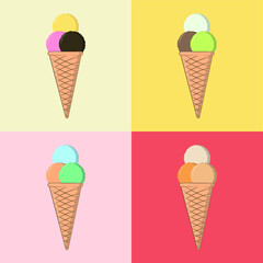 Vector image of ice cream cones with delicious balls of chocolate, strawberry, lemon ice cream fly on a monochrome background