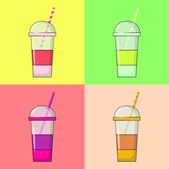 Vector illustration of four multi-colored disposable cups with lid and straw on a colorful  background