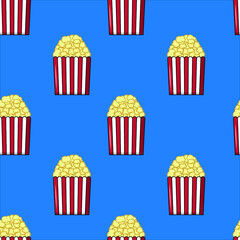 Pattern of crispy popcorn in a red-white box on blue background . Delicious snacks when watching a movie. vector illustration