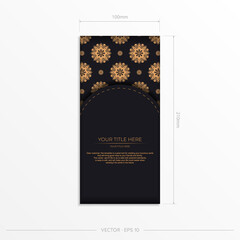 Ready-made postcard design with abstract vintage mandala ornament. Black-gold luxurious colors. Can be used as background and wallpaper.