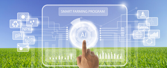 Farmer push AI button on tablet for statistics collection Analyze agricultural data with...