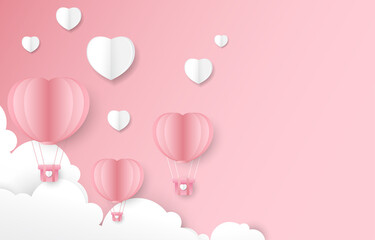 Pink vector modern wallpaper.Hot air balloon paper cut and white hearts.