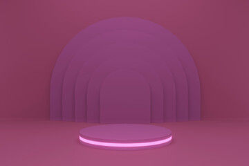 3D podium stage, geometric shape, dark purple, reflective edges .Product show scene. 3d render.