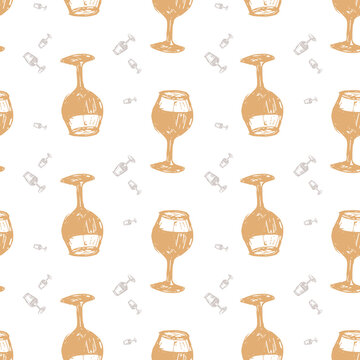 Vector white rows of simple wine glasses sketch seamless pattern. Perfect for fabric, wrapping paper and wallpaper projects.