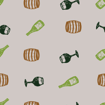 Vector grey rows of simple wine glass, bottle and barrel sketch seamless pattern. Perfect for fabric, wrapping paper and wallpaper projects.