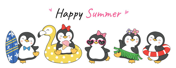 Fototapeta na wymiar Draw banner design cute penguin summer