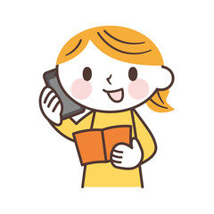 woman on the phone with a booklet 冊子を見ながら電話する女性