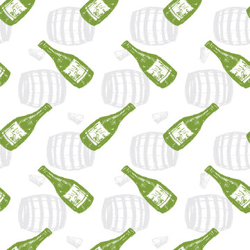 Vector white celebration simple wine bottle and barrel sketch seamless pattern. Perfect for fabric, wrapping paper and wallpaper projects.
