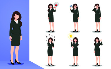 Flat design concept of Business woman with different poses, working and presenting process gestures, actions and poses. Vector cartoon character design set. 