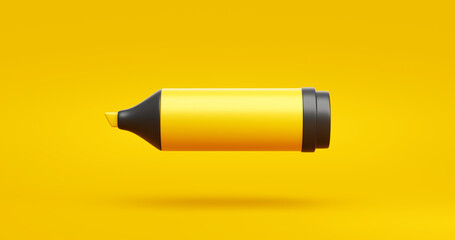Yellow ink marker pen or drawing highlighter pencil graphic art design on vivid background with education stationery for creative color concept. 3D rendering.