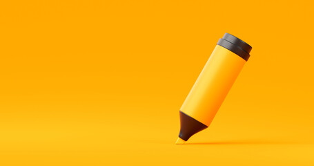 Yellow ink marker pen or drawing highlighter pencil graphic art design on vivid background with education stationery for creative color concept. 3D rendering.