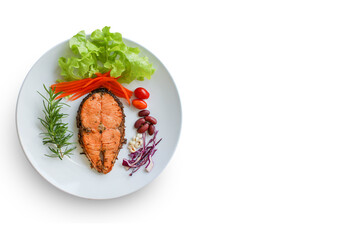 Steak salmon ,salad in white plate on white background and copy space.