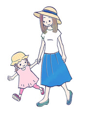 女の子とお母さんの親子でお出かけするイラスト