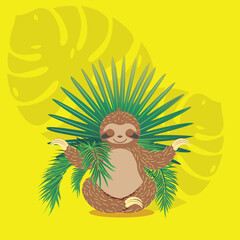 Sloth with tropical leaves